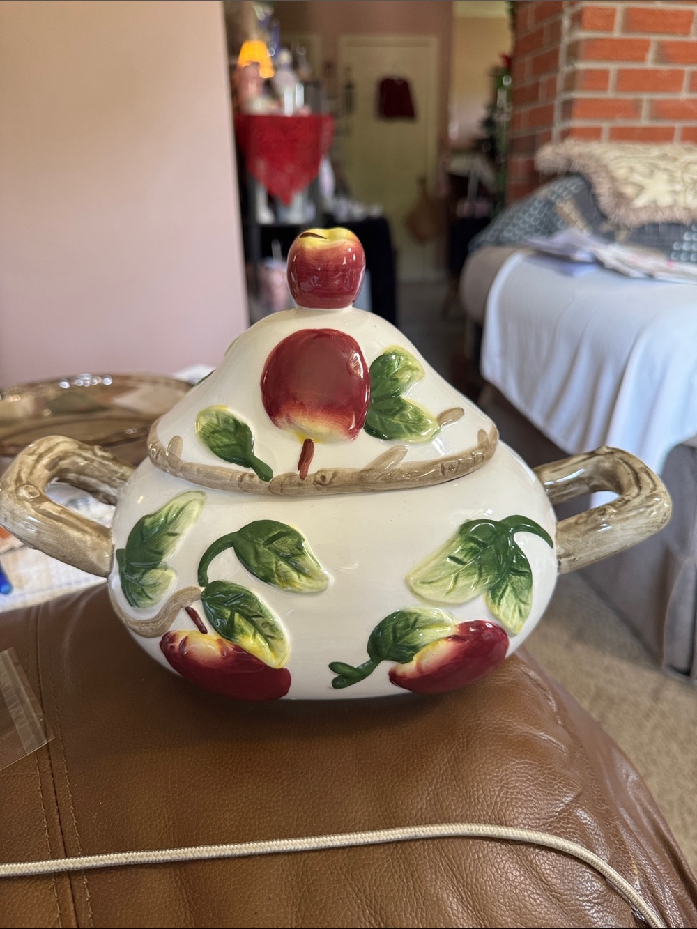 Hand-Painted Apple Ceramic Covered Dish - Cream and Red